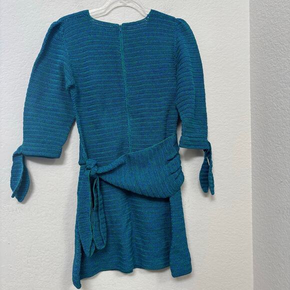 Mozhdeh Matin Mozh Mozh Zigzag Crochet Knit 3/4 Sleeve Mini Dress Blue Sz M NWT - Picture 3 of 8